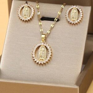 Elegant Gold tone Virgin Mary Christian Pendant Necklace and Earring Set